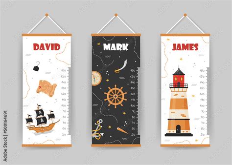 Kids height charts collection. Meter wall with pirate ship, lighthouse ...