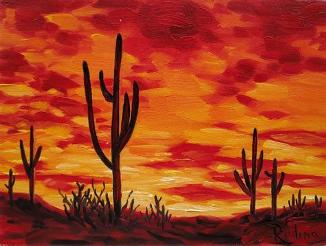 Fire Sunset Desert Painting Sunset Oil Painting Saguaro Cactus - Etsy