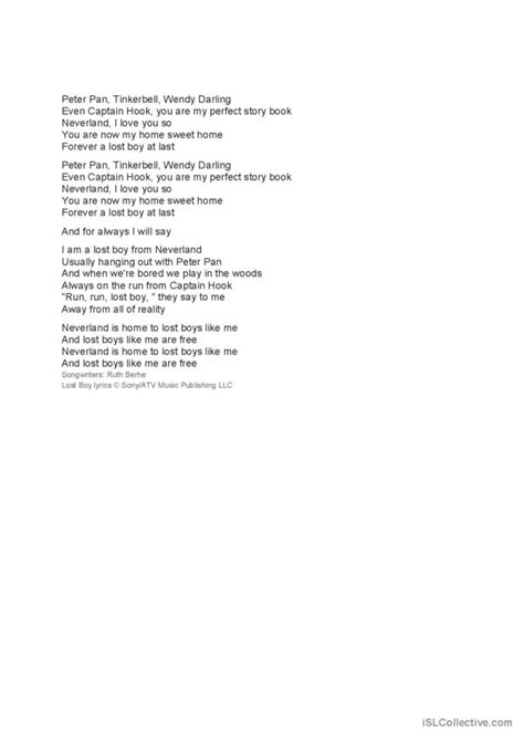 Song: Lost Boy by Ruth B song and nu…: English ESL worksheets pdf & doc