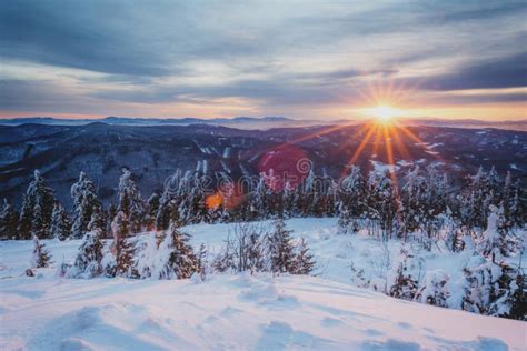 Sunrise in snowy mountains stock photo. Image of high - 112634874