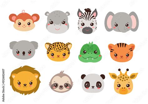 Safari animal faces kawaii style. Cute jungle animals heads icons. Fun ...