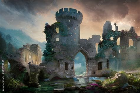 Fantasy landscape with ruins of Mediaeval Castle in the mountains ...