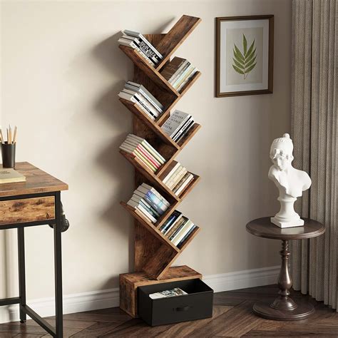 Rolanstar Bookshelf with Drawer, Floor Standing Tree Bookcase, Bookshe