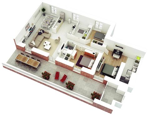 Top Drawing Family House 3 Bedroom House Floor Plan Design 3D Happy ...