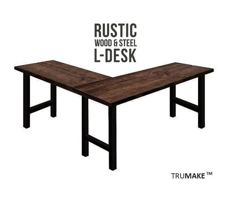 Rustic Wood L-shaped Desk Wood Steel L-shaped Desk, Home Office Desk ...