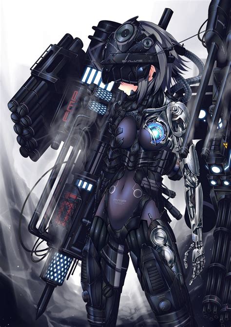 bodysuit, cable, cyborg, gatling gun, gun, mecha musume, robotic arms ...