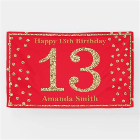 Happy 13th Birthday Banner Red and Gold Glitter | Zazzle.com