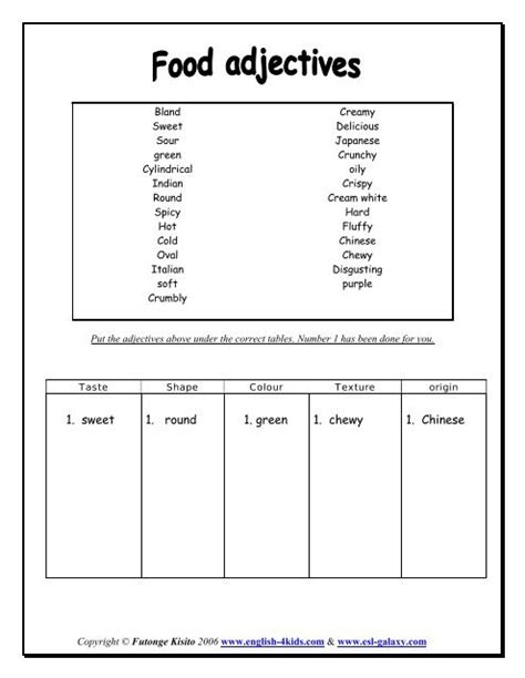 Food adjectives worksheet - English 4 Kids