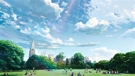 anime, landscape, city, park, sky, clouds HD Wallpaper