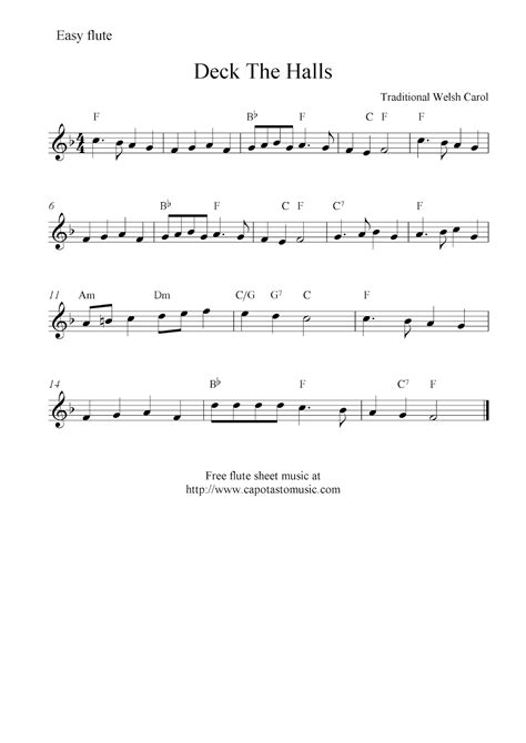 Easy Sheet Music For Beginners: Deck The Halls, free Christmas flute ...