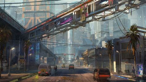 Cyberpunk 2077 concept art shows high-tech City Center and polluted ...