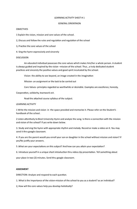 Vision, Mission, Goals and Objectives of BU - LEARNING ACTIVITY SHEET ...