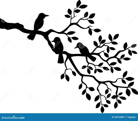 Cartoon Tree Branch With Bird Silhouette Stock Vector - Illustration of ...