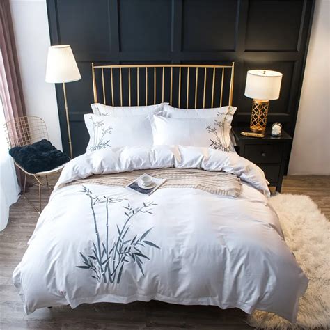 White Luxury Bamboo bedding sets Embroidery bed set double twin queen ...