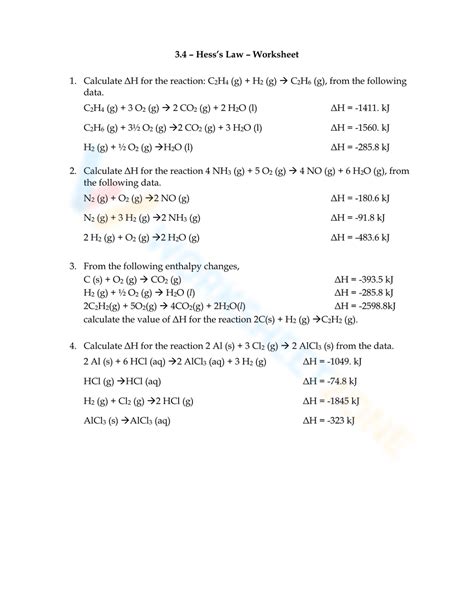 Hess’s Law Worksheet