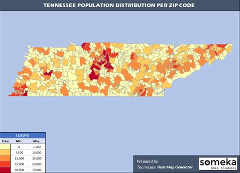 Tennessee Zip Code Map and Population List in Excel