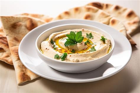 Premium AI Image | Hummus and pita bread on table