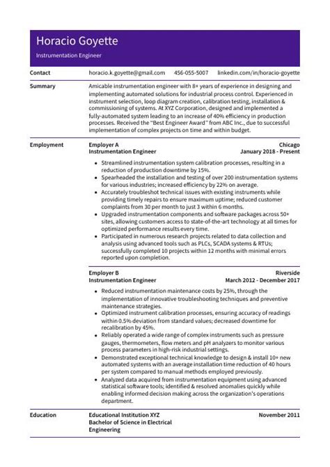 Instrumentation Engineer Resume (CV) Example and Writing Guide