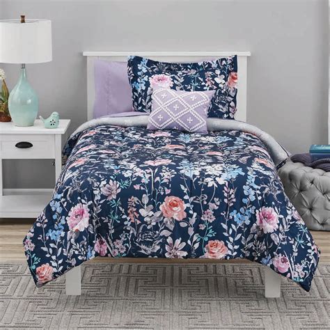 Mainstays Navy Floral Bed in a Bag Coordinating Bedding Set, Twin XL ...