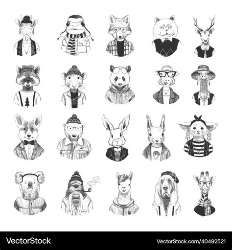 Funny animals in art ink style Royalty Free Vector Image