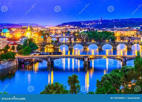 Prague, Czech Republic: Vltava River and Its Bridges at Sunset Stock ...