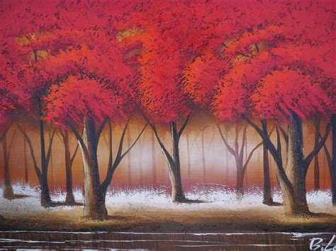 Red Tree Painting Oil on Canvas Wall Art Beautiful Decor | Etsy