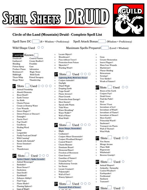 Class Specific Spell Sheets - Druid - v1.5 (EE, UA & XGtE) - Dungeon ...