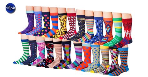 12 Pack: Men's Colorful Funky Patterned Crew Cotton-Blend Dress Socks