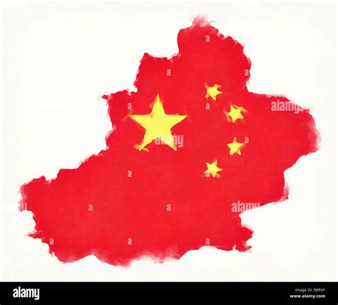 Xinjiang China watercolor map with Chinese national flag illustration ...