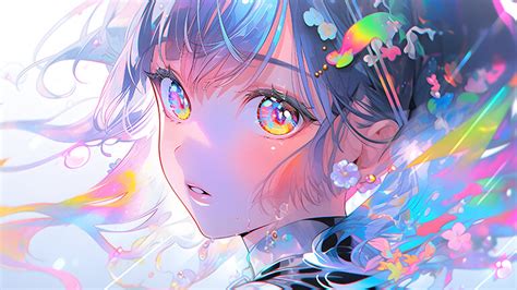 Beautiful Anime Girl with Rainbow Eyes Desktop Wallpaper in 4K