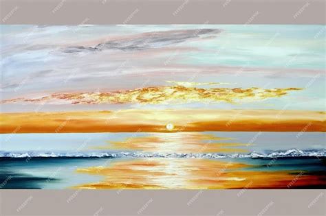 Premium Photo | A painting of a sunset over the ocean with a cloudy sky.