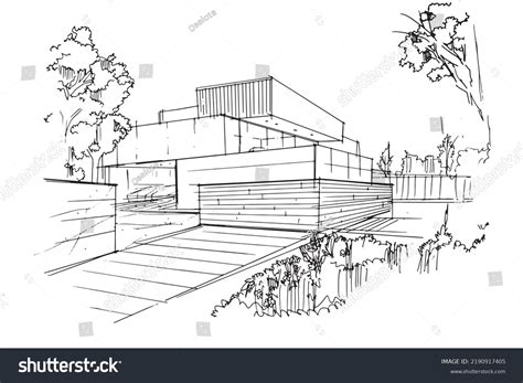 Line Drawing Modern House Architecture Drawing2d Stock Vector (Royalty ...