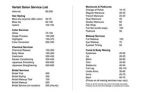 Salon Service List | Templates at allbusinesstemplates.com