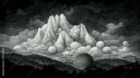 Abstract digital pencil drawing of dark clouds over mountain landscape ...