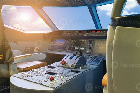 inside plane cockpit view inside airliner view flight control room in ...