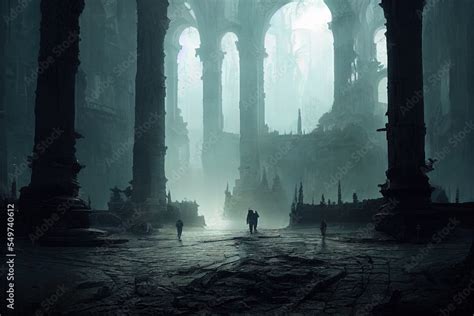 Epic Fantasy Landscape Ancient Ruins - Moody River and Columns ...