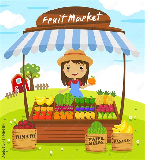 Fruit shop stall. farmers market, cartoon characters vector ...