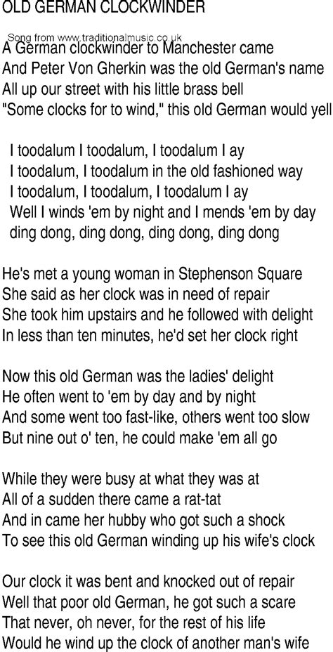 Irish Music, Song and Ballad Lyrics for: Old German Clockwinder