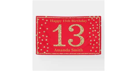 Happy 13th Birthday Banner Red and Gold Glitter | Zazzle