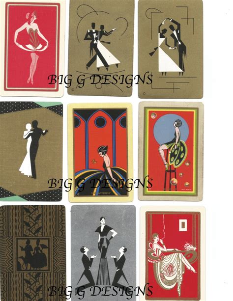 Nine Vintage Art Deco Playing Card Collage Gold Black Red Ladies Women ...