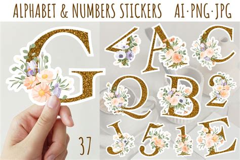 Alphabet Stickers Bundle, Gold floral alphabet, letters