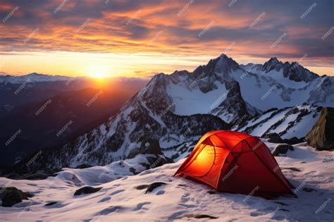 Premium AI Image | Tent pitched on a snowy mountain with a sunrise backdrop