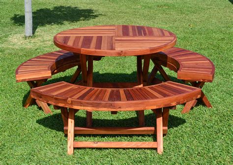 Round Wood Folding Picnic Table with Curved Benches | Forever Redwood