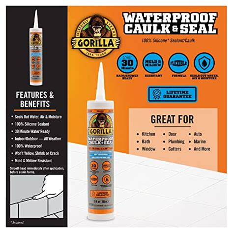 Gorilla Waterproof Caulk & Seal 100% Silicone Sealant, 10oz Cartridge ...