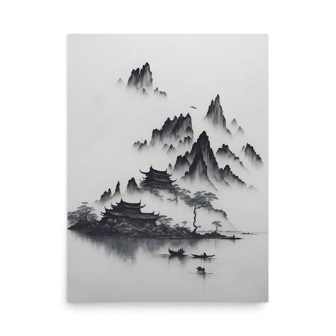 PRINTABLE Chinese Ink Painting Mountains and River Landscape Wall Art ...