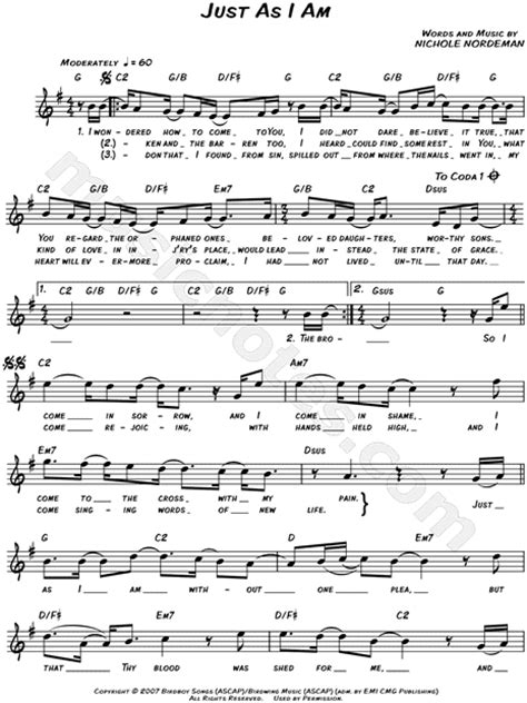 Nichole Nordeman "Just As I Am" Sheet Music (Leadsheet) in G Major ...