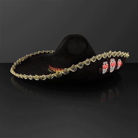 Black Light Up Oversize Sombrero Skull Hat Costume With Gold Brim ...