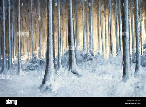 Oil painting snowy trees in the winter forest Stock Photo - Alamy