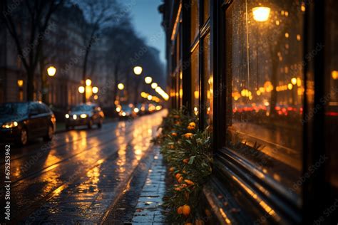 magic of rainy cityscape at dusk, where warm glow of streetlights and ...