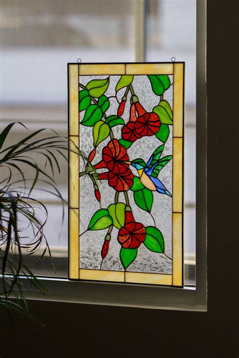 Tiffany Style Stained Glass Window Panel Hummingbird with Poppy Flowers ...